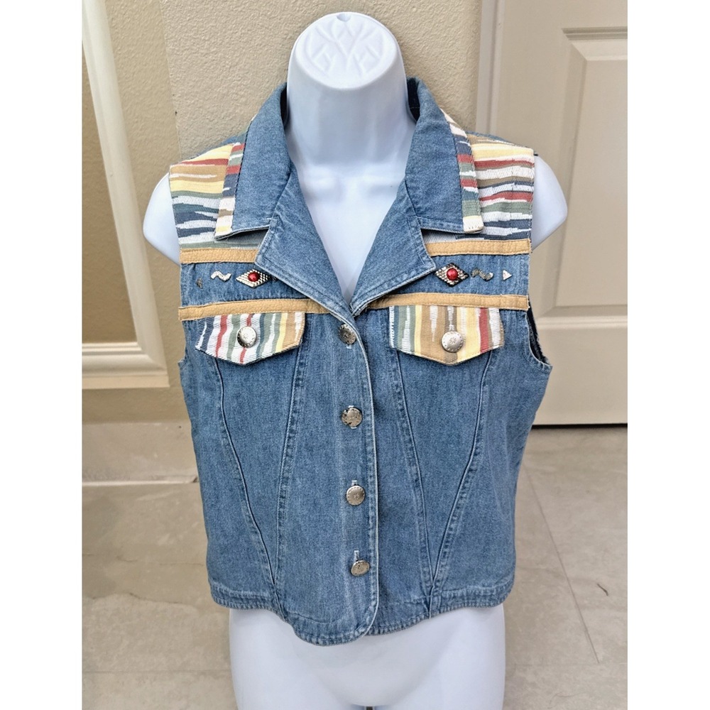 VTG City Girl Sport Blue Denim Embellished Patchwork Aztec Vest Cotton Sz 6 Boho